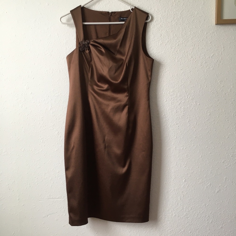 Brown Ellen Tracy Evening Dress 10 satin sheen asymmetrical straps Y2K cocktail